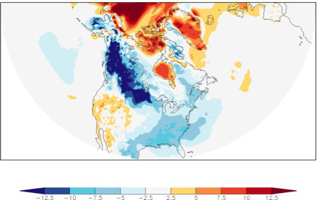 Fig.1b. This map shows daily mean ECMWF 1-day temperature forecast for December 10, 2016 compared to the 1981–2010 average of ERA-interim reanalysis.